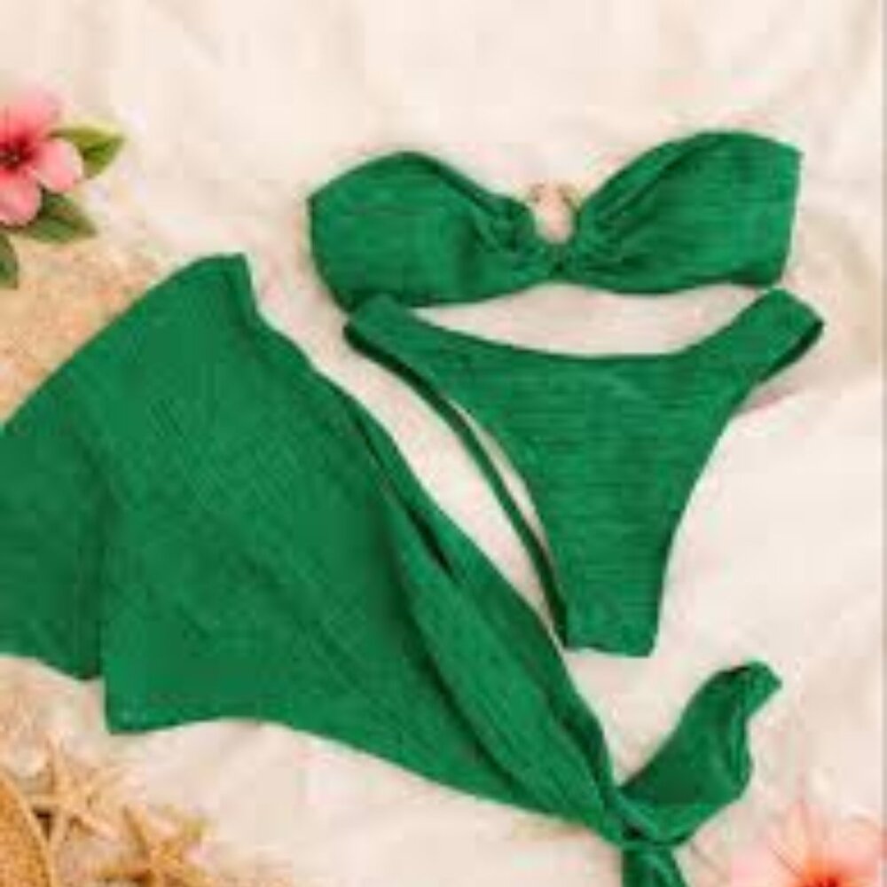 Women's 3 Piece Bikini Set Bandeau Top, Thong Bottom & Cover Up Size Medium New